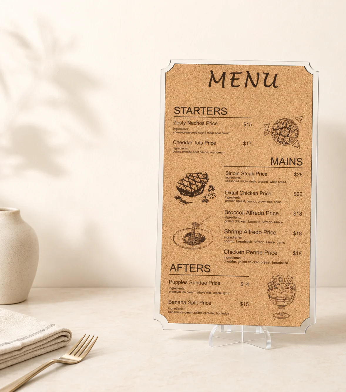 Panneau de menu en liège et acrylique