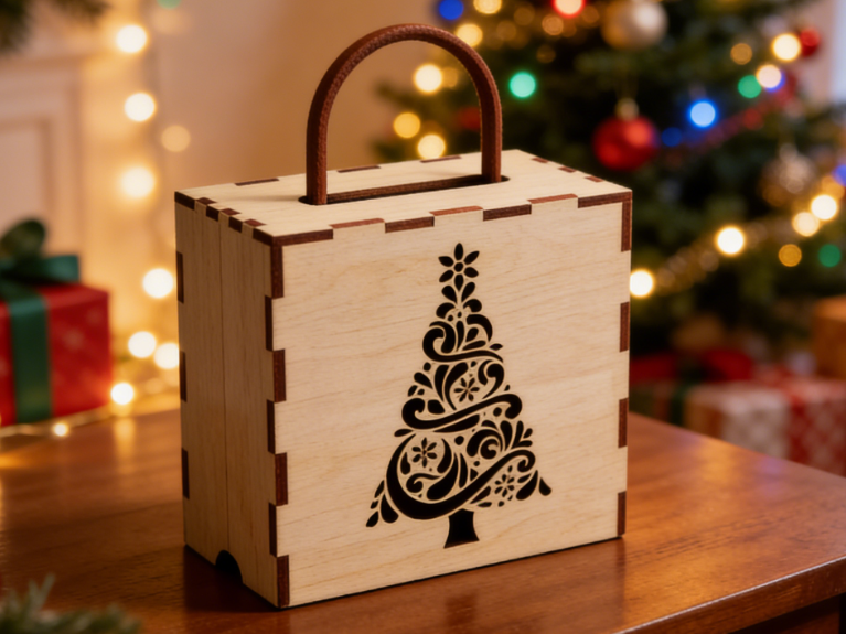 Boîte cadeau de Noël en bois fait avec découpe laser