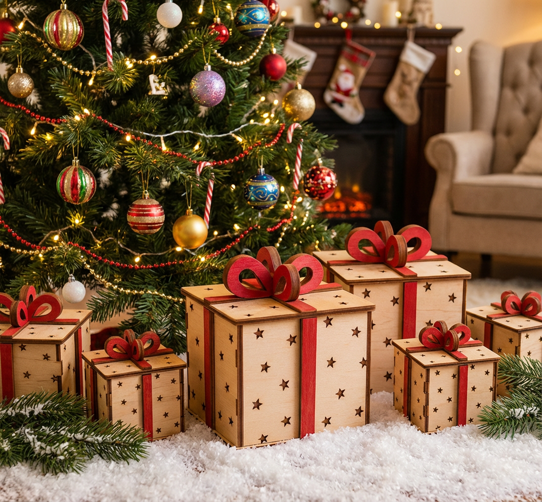 Coffrets cadeaux de Noël en bois découpés au laser